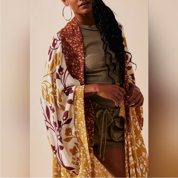 Free People Other - Free People Mixed Media Print Kimono Tumeric combo